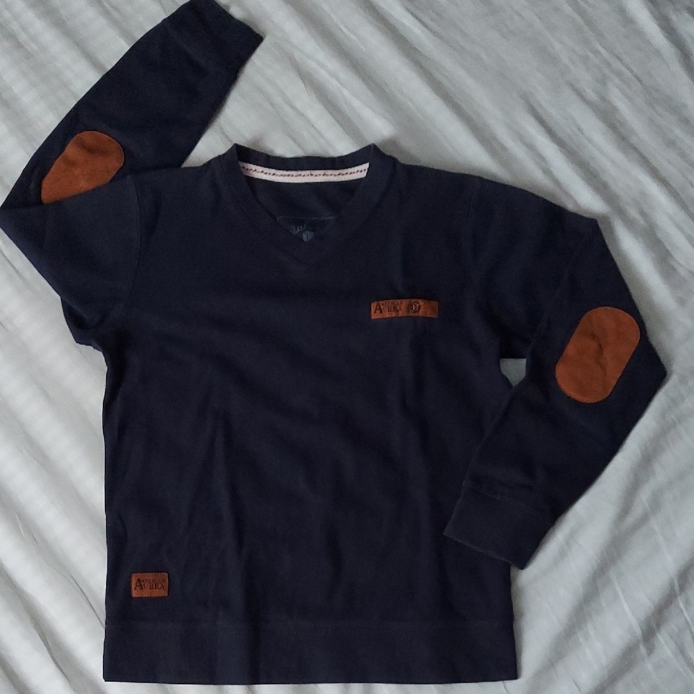 Classic Blue V-Neck Sweater with Brown Elbow Patches